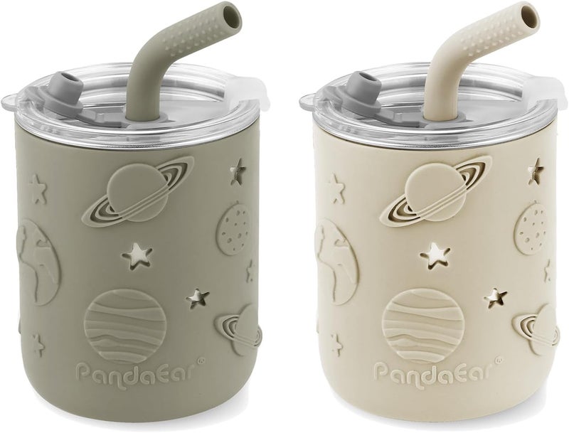 PandaEar 2 Pack Stainless Steel Toddler Cups with Lids & Silicone Sleeves | 8.8 oz Spill Proof Sippy Cups with Straw Stopper & Teething-Friendly Straws for Kids & Babies (Beige & Khaki) - Image 1
